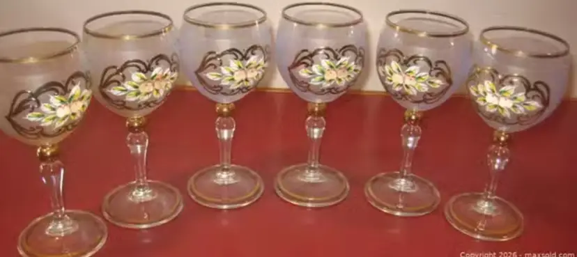 6 Vintage Bohemian Crystal Frosted Blue Wine Glasses from the Czechoslovkia.  The Claudia line. Hand-painted Floral Motifs in Raised Enamel, Accented with Gold Gilding