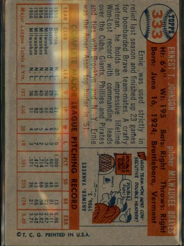 1957 Topps #333 Ernie Johnson - ( pk1 ) - Milwaukee Braves