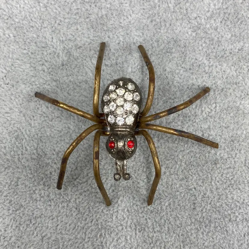 Vintage Gemstone Large Spider Brooch Goldtone