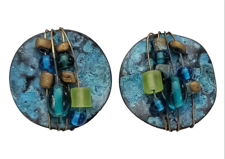 Artisan Style Metal Enamel Glass Bead Clip On Earrings K183