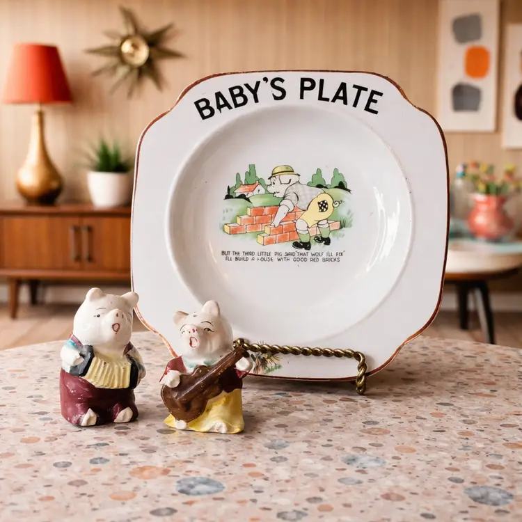 Vintage 1930's Biltons England Three Little Pigs Baby Plate & Musical Pigs Salt and Pepper Shakers Lot