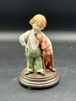 Giuseppe Armani Boy with his Dog Figurine On Wood Base Capodimonte