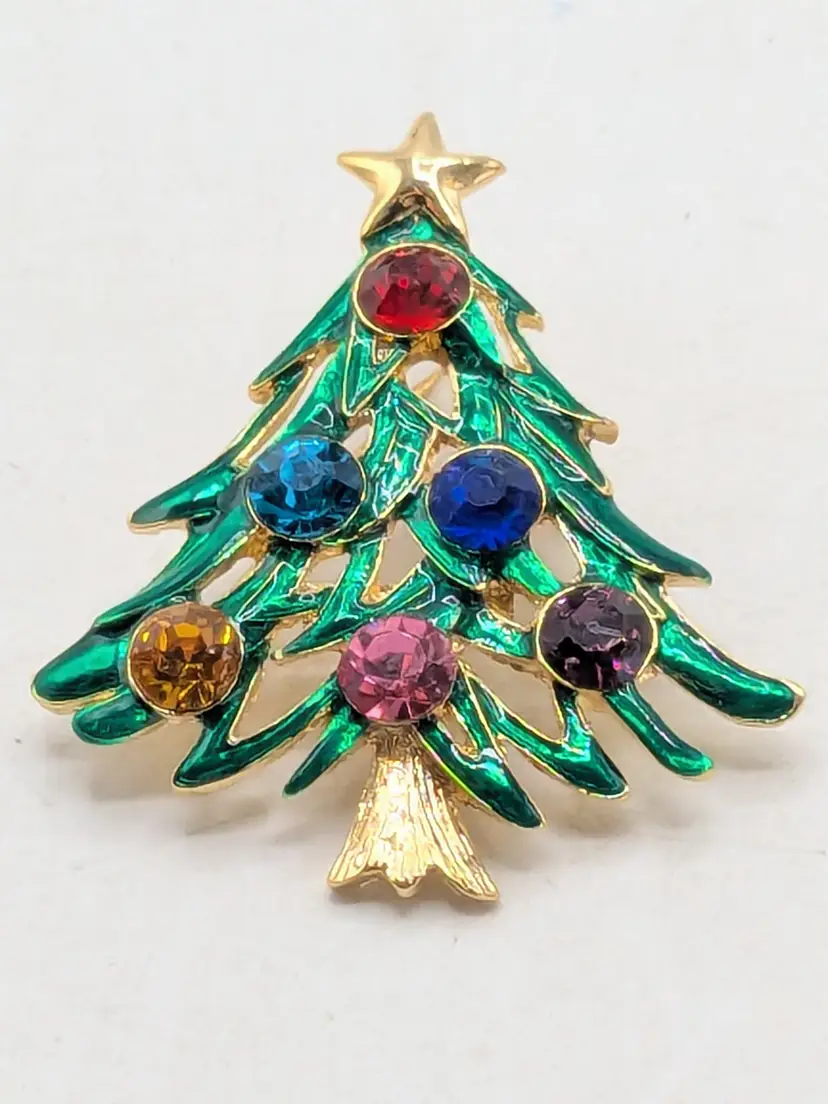 Gold Tone Christmas Tree Brooch with Colorful Rhinestones
