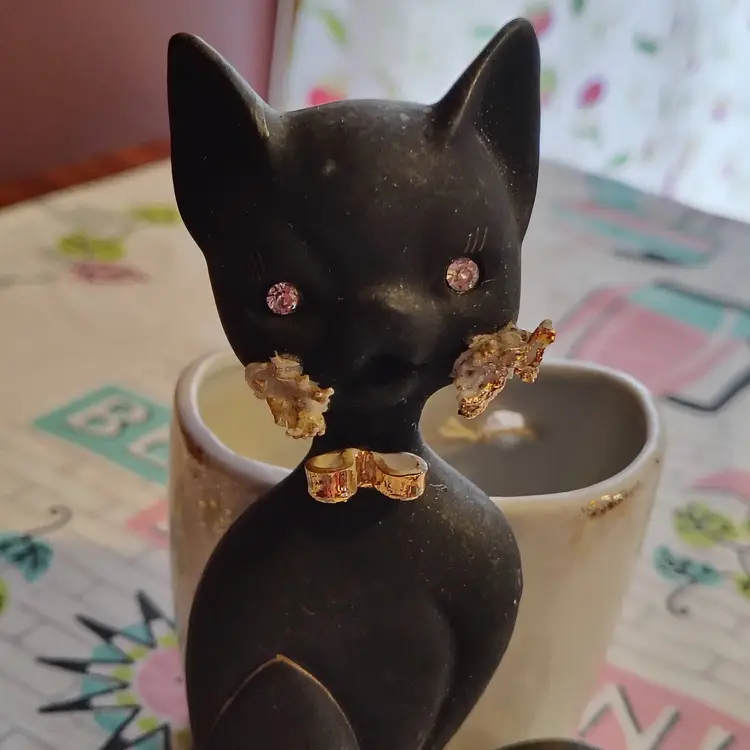 Vintage Black Cat Wall Pocket | Sleek Mid Century Kitty with Rhinestone Eyes and Porcelain "Spaghetti" Whiskers | 1950s Lefton Made in Japan
