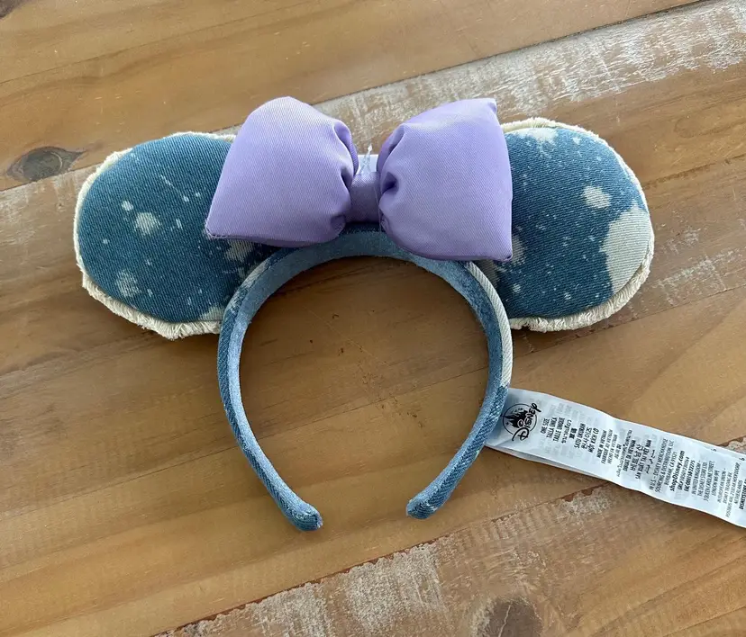NWT New With Tags Disney Parks Distressed Bleach Denim Jean Minnie Mouse Ears Headband with Purple Bow