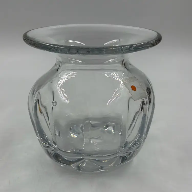 Vintage Blenko Hand Blown Clear Glass Vase With A Wide Rim And Ribbed Sides. Uv Reactive Under 365 Black Light