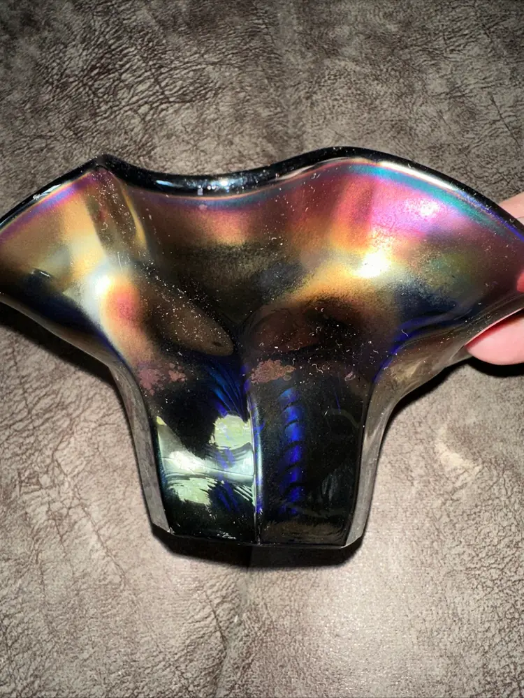 Blue Purple Amethyst Peacock Pattern Carnival Glass Wavy Bowl