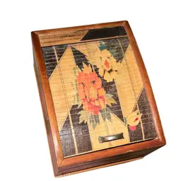 Vintage Japanese Wooden Inlaid Mechanical Scroll Top Cigarette Box 4.75”