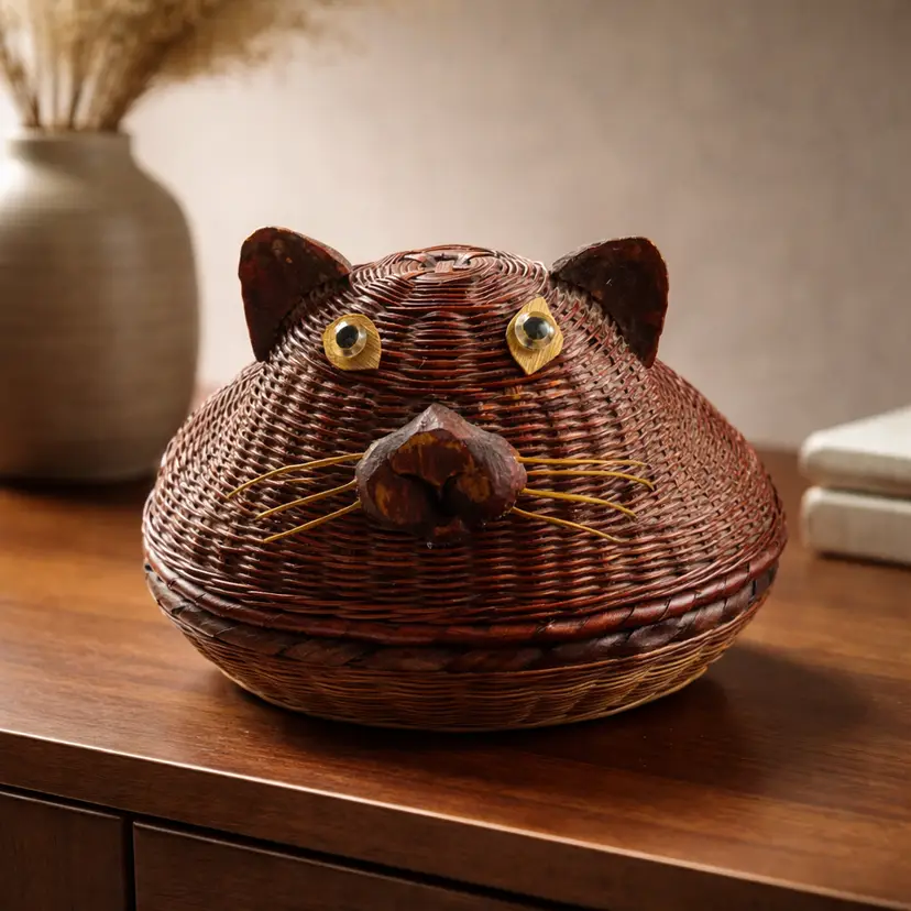 Straw Cat Trinket Box, 5"