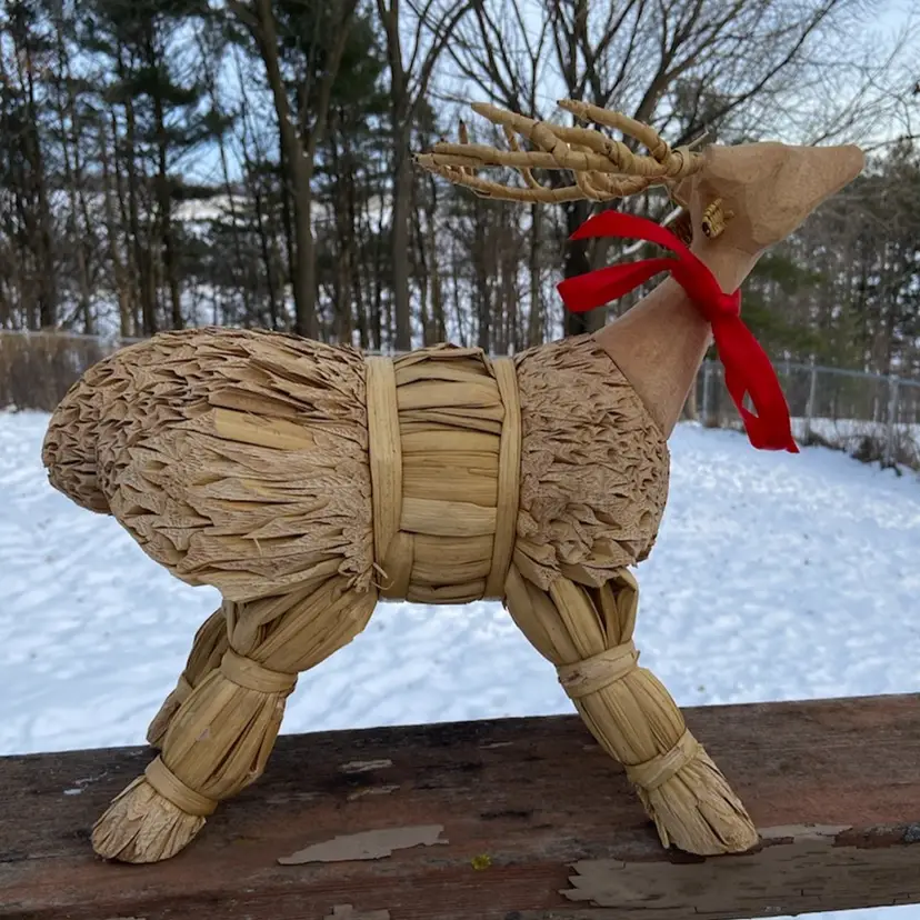 Corn Husk / Rattan / Wood, Carved Deer Figure / Christmas Reindeer. 12”h x 14”l x 5”d.