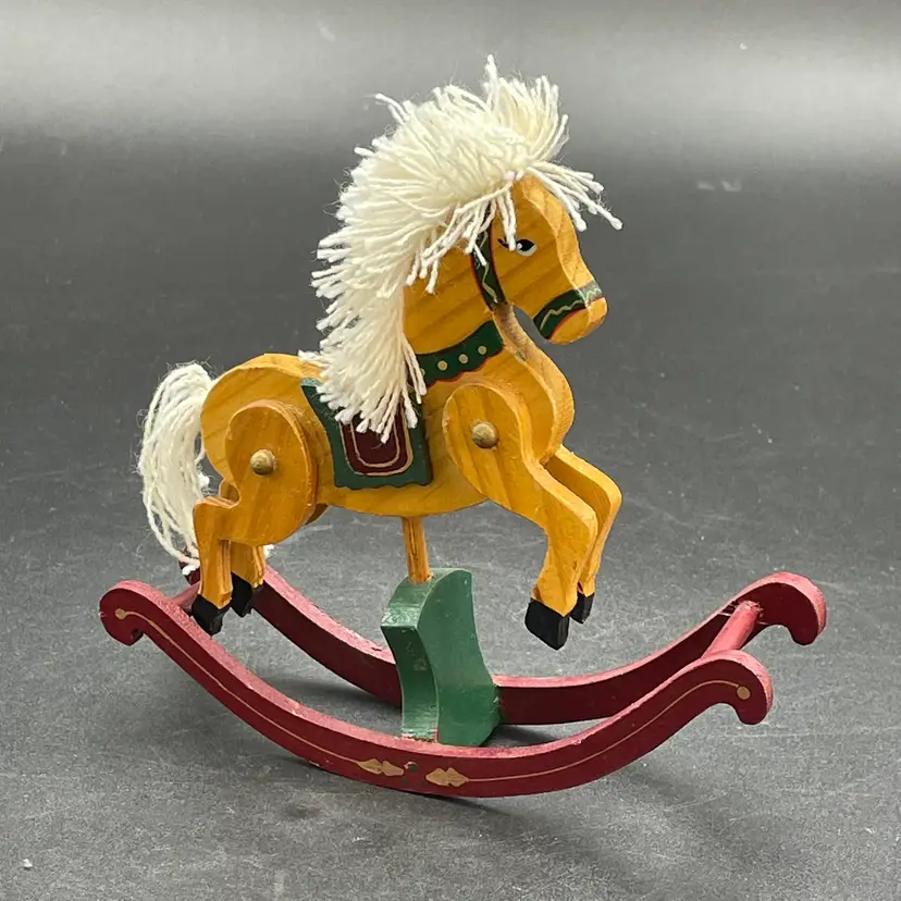 Wooden Rocking Horse Figurine with Yarn Mane Tail Hand Painted Christmas Decor