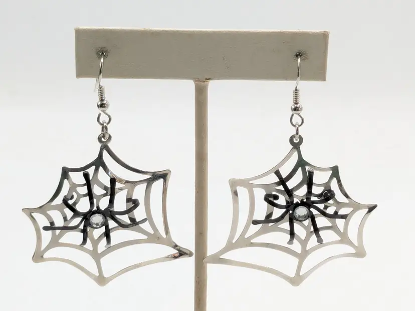 Spider in Web Dangle Earrings Silver Tone Rhinestone Accent