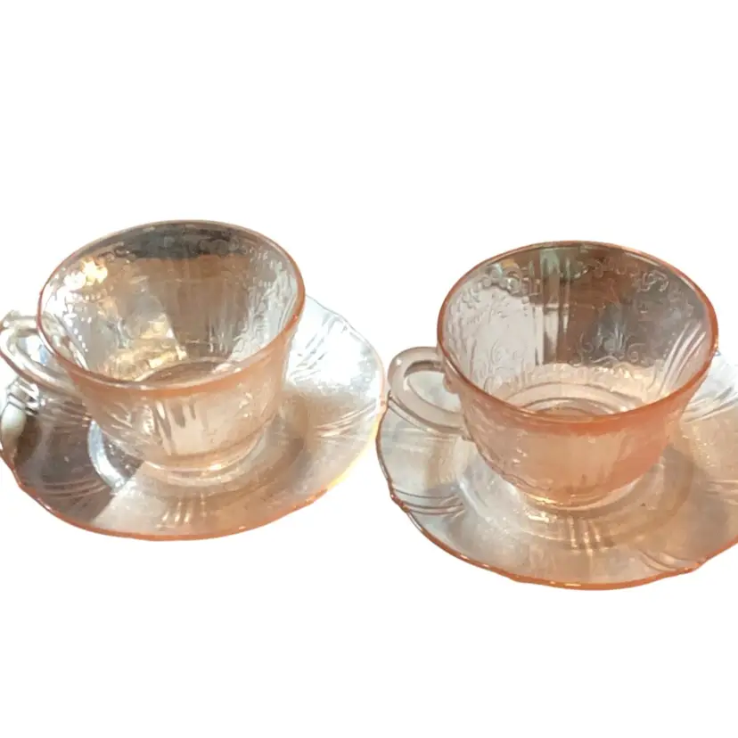 Set Of 2 Pink Depression Glass Cup And Saucers