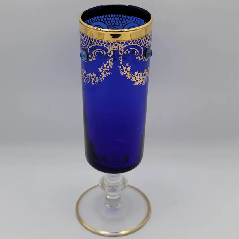 Vintage Czech Bohemian Cobalt Blue Jeweled Cordial glass with Gold Trim