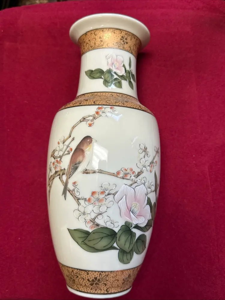Rare Mid-Century Japan Porcelain Floral Vase Hand painted Birds & Magnolia, 10”H