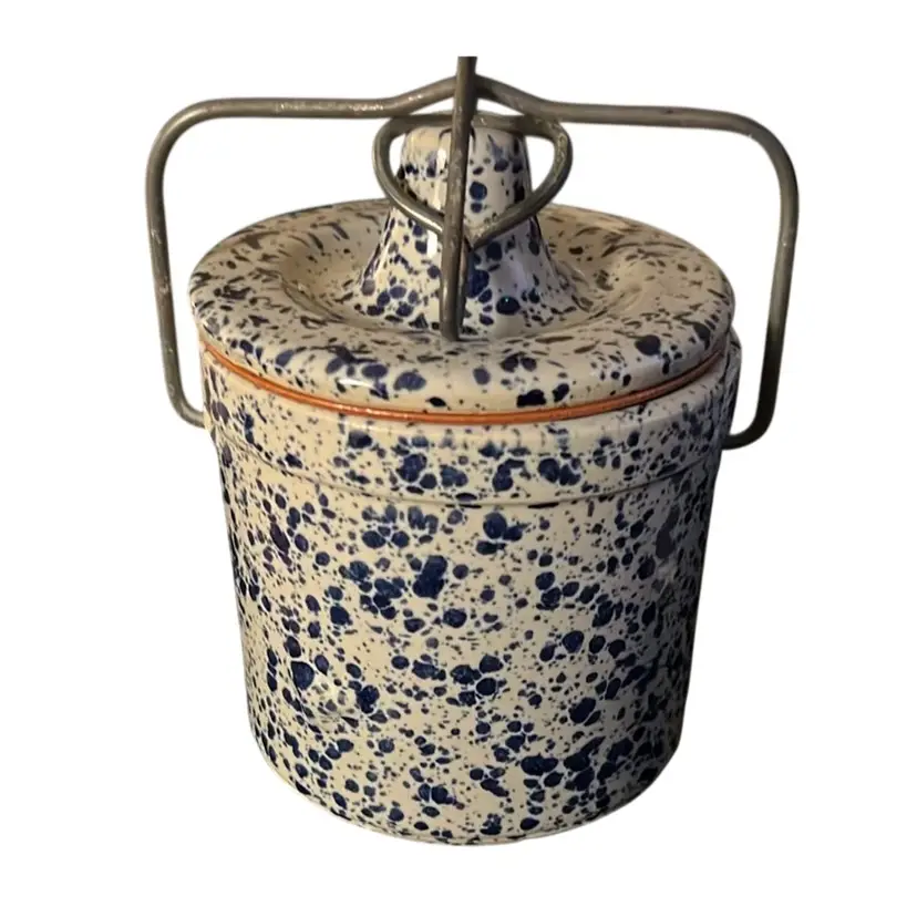 VTG Cobalt Blue & White speckled cheese / butter crock w/lid and wire bail  5”