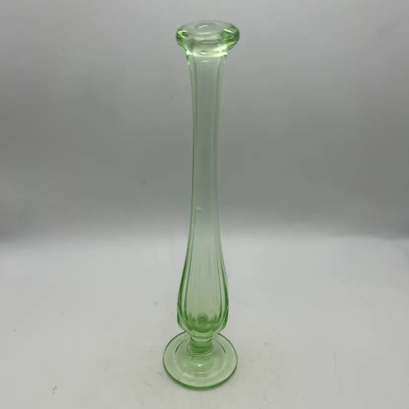Green Glass Swung Bud Vase Fluted Lip Not Uranium