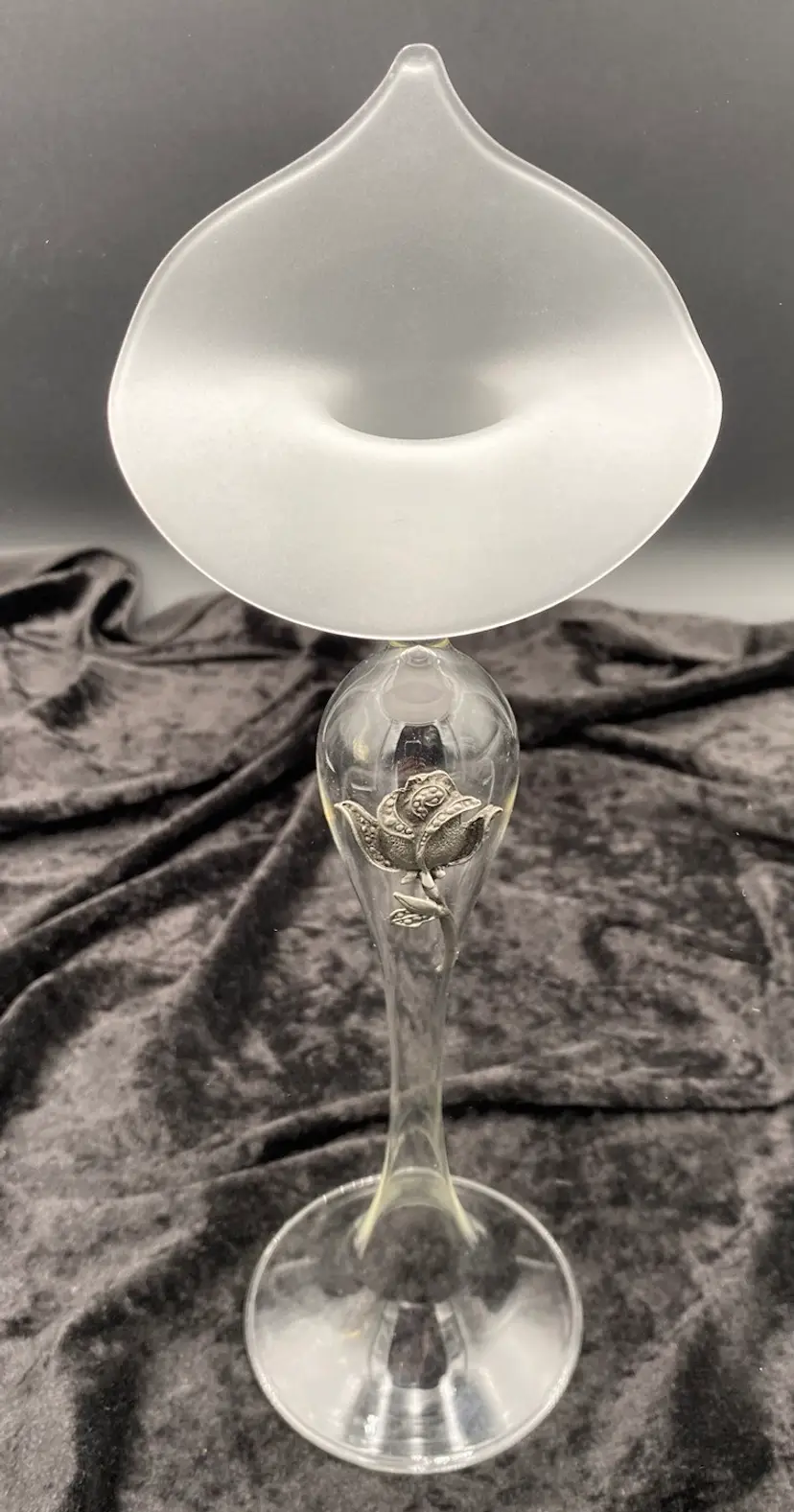 Frosted Calla Lily Taper Candle Holder w/attached pewter rosebud, 12”