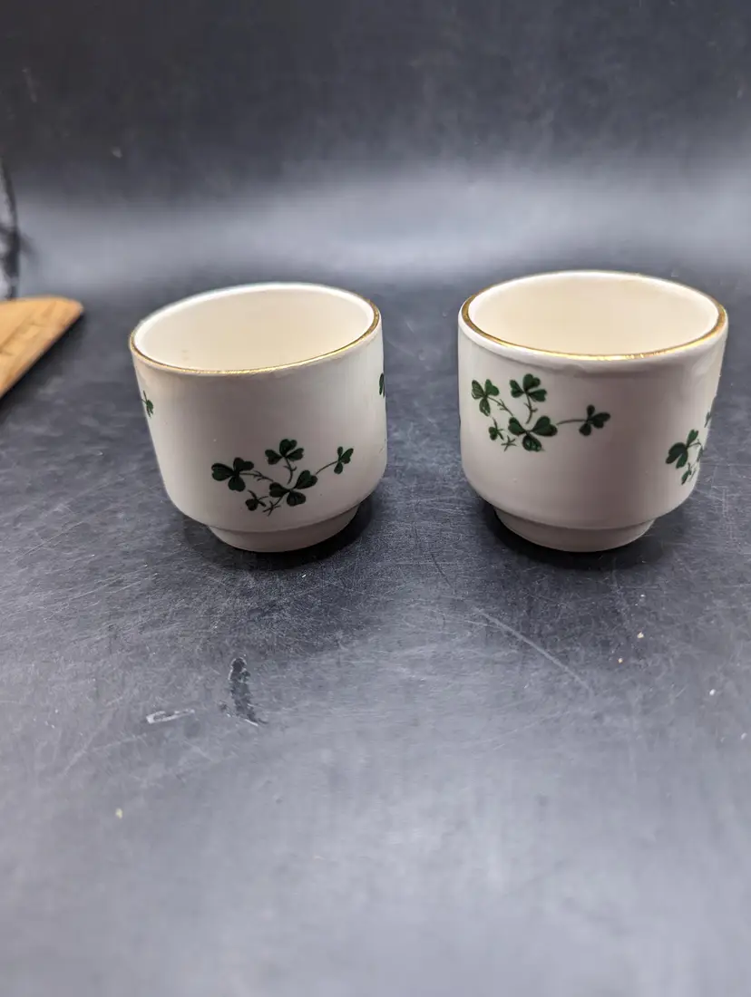 Vintage Carrigaline Pottery Ireland Shot Cups Shamrock Made In Ireland Set Of 2