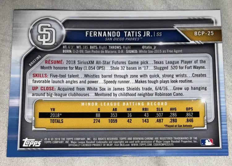 2019 Bowman Chrome Fernando Tatis Jr. #BCP-25 ROOKIE San Diego Padres Prospect