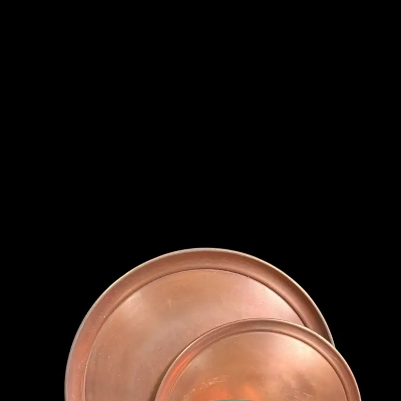 #01 Mid Century Copper Fondue Set w/ 10 Fondue Forks, 12.75" Diameter Copper Serving Tray, 10.25" Diameter Copper Serving Tray-Lot 51