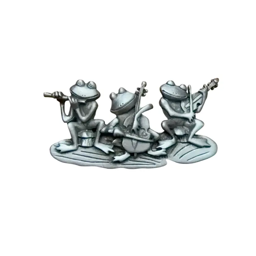 Vtg Frogs Playing Musical Instruments Brooch Pin Silver Tone Marked JJ 2.5"