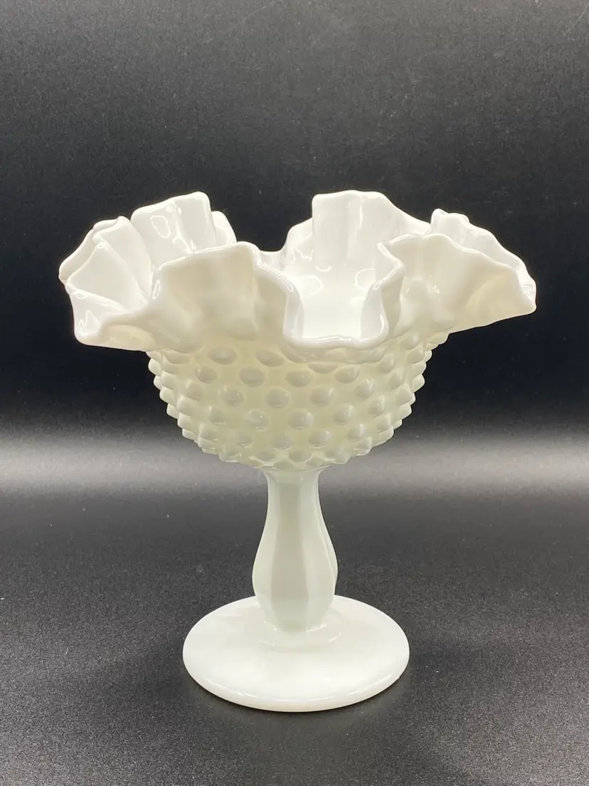 Vintage Fenton Milk Glass Hobnail Ruffled Compote