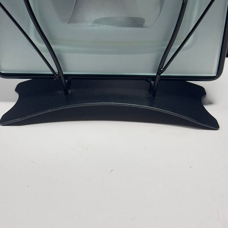 #1464 Contemporary, Art Deco, Frosted Art Glass Vase, Black Metal Frame Stand, Glass Insert