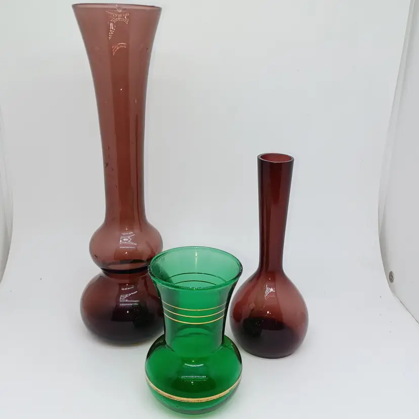 3 Vase Vintage Blown Glass Lot Cranberry 10in Amythest 6in Emerald 4 in