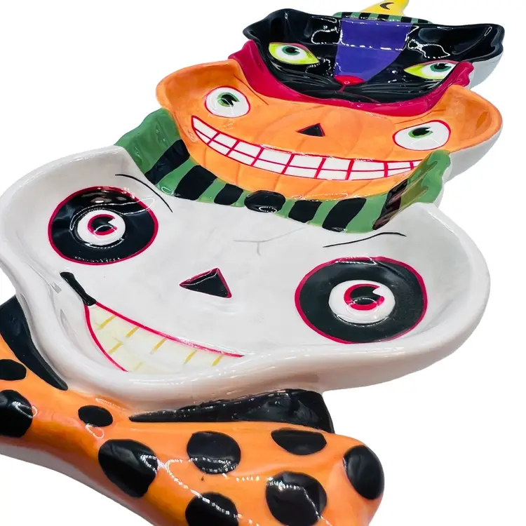 Dept 56 Halloween Cat, Pumpkin, Skull Stack Ceramic Platter 5”x 12.5”