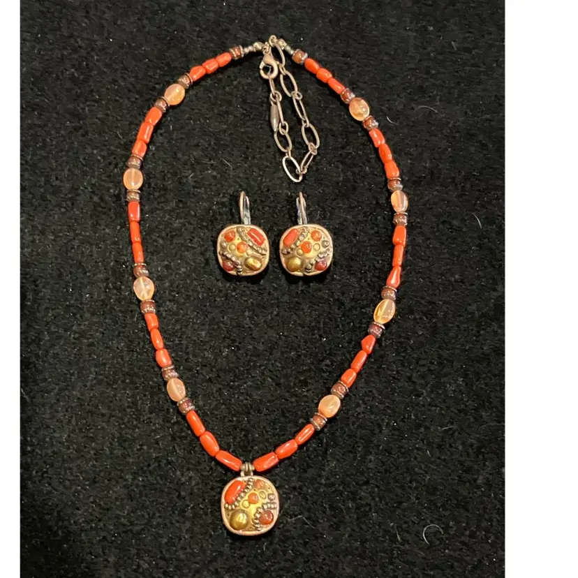 Vintage Michal Golan 20” Necklace And Earrings Set With Red Coral Style Beads