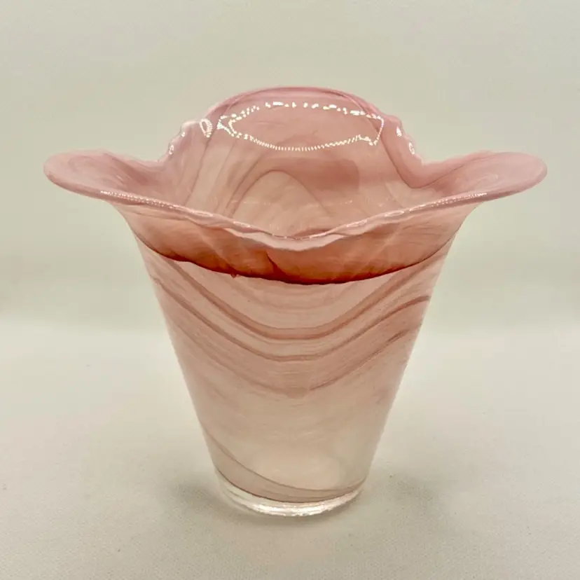 Vintage 1970’s Italian Pink & White Swirl Gloss Glaze Vase, Handcraft By Murano Lavorazione Arte, Made In Italy