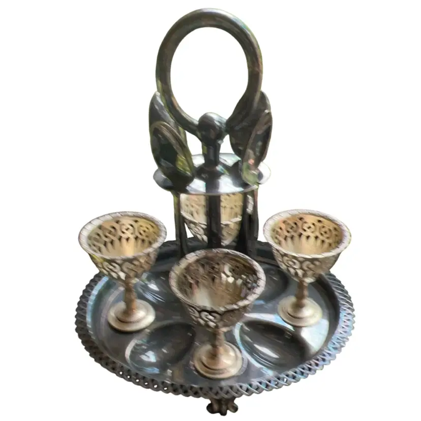 Silverplate Egg Cup Set with Holder, Spoons, Filigree Design