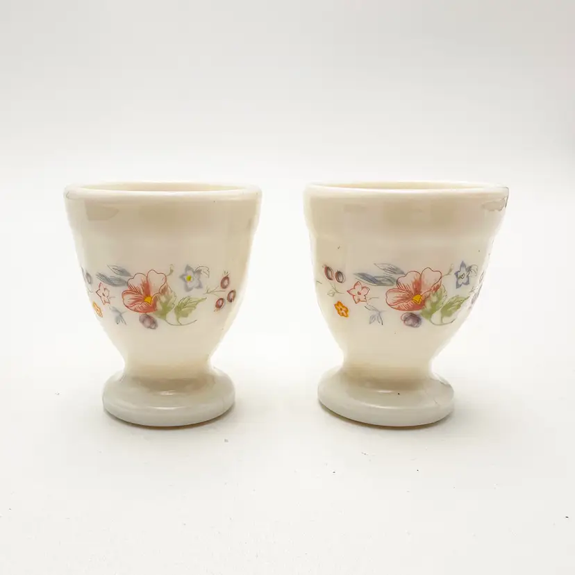 Egg Cups Pair Arcopal Victoria Milk Glass 1980's Floral Design France 2.25"H 1.75"D B25