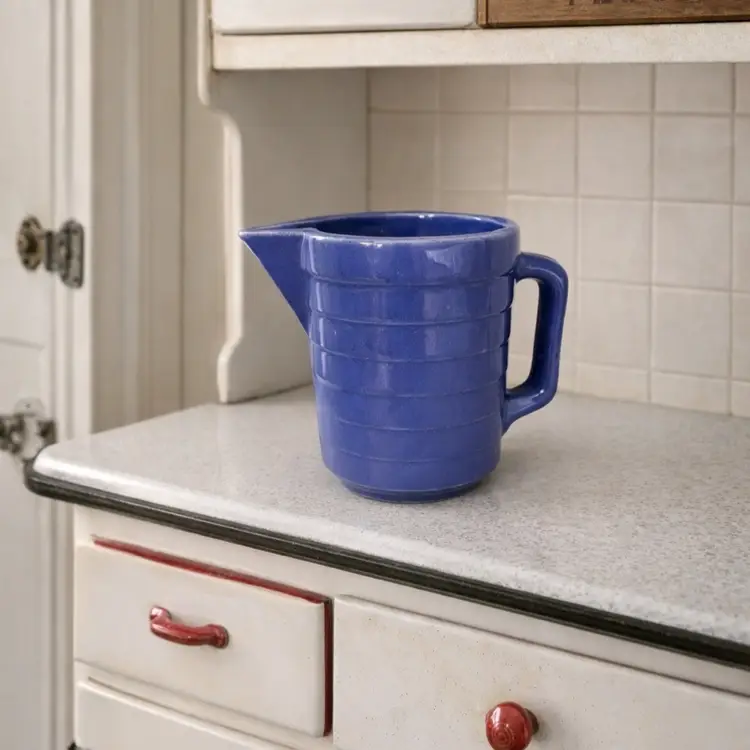 Vintage Blue Ribbed Stoneware Pitcher 5” Made In The USA,