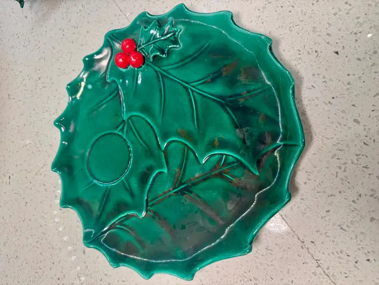CHOICE $12, collection of vintage Lefton Green Holly ceramic Christmas dishes, including 1 plate, 1 tray, 1 trinket dish, a bell, set of candle holders, and salt/pepper shakers, likely from the 1960s or 1970s.