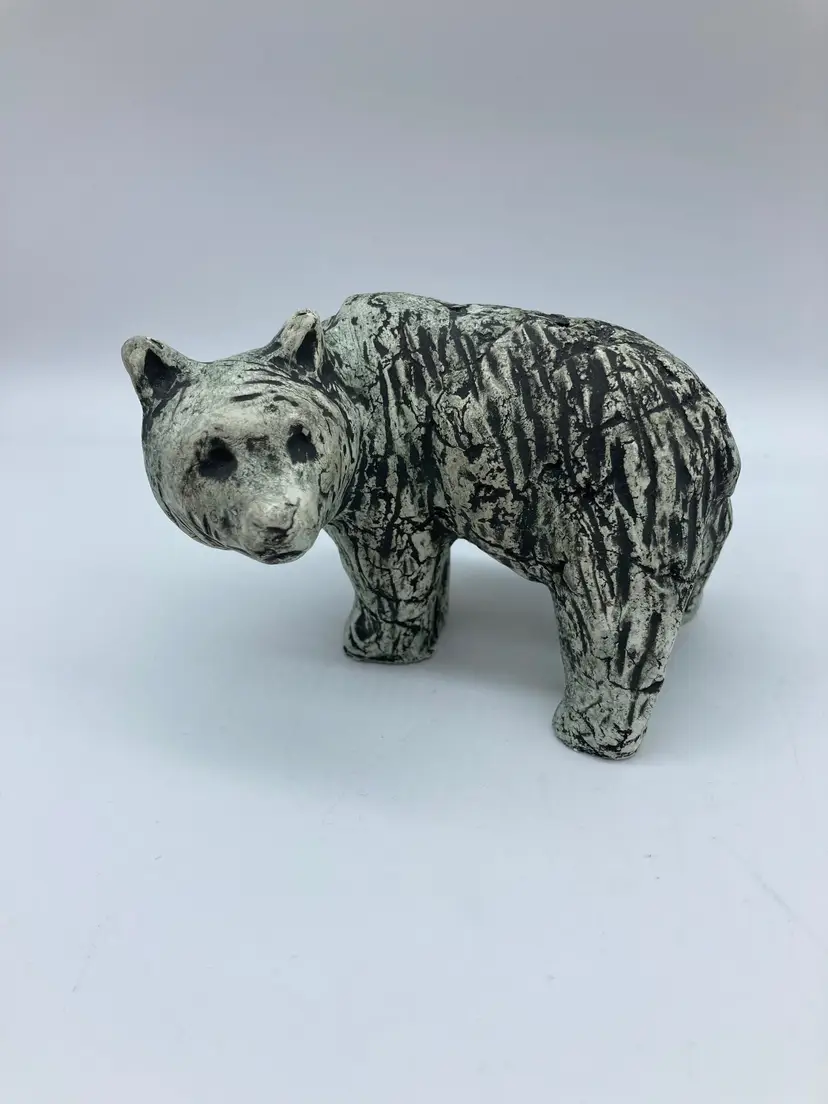 Unique Hand Carved Bear Stone Pottery Signed By Artist STALL 3.5x3 White Gray