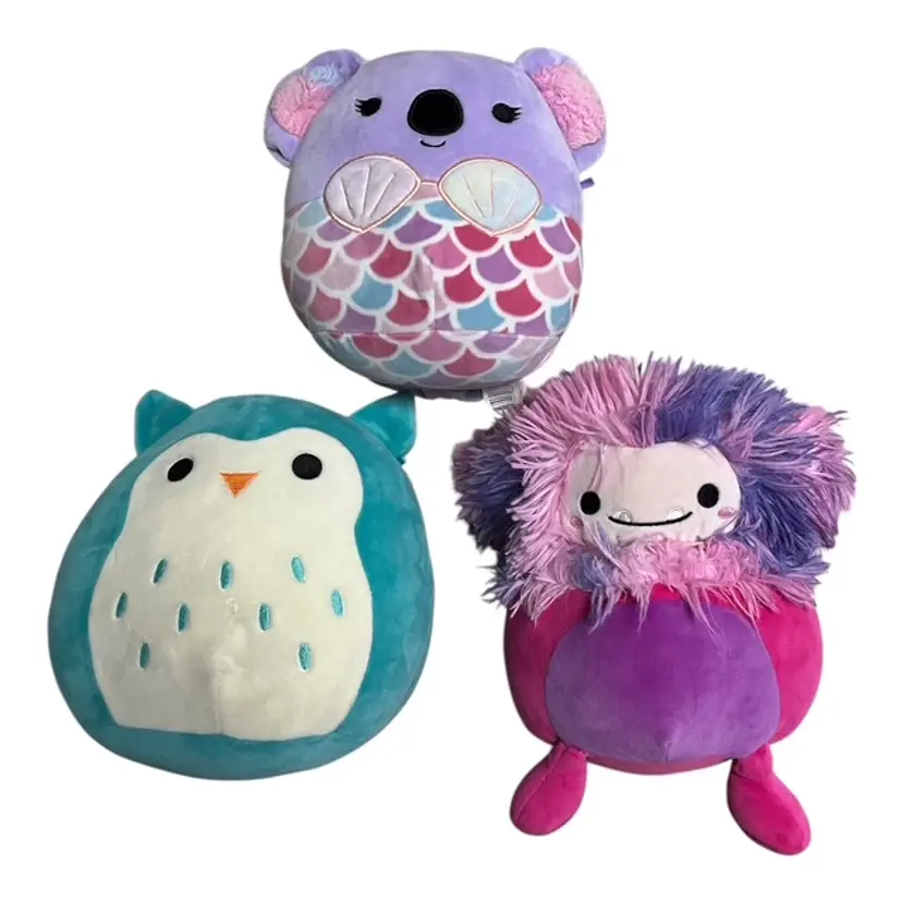 Lot of 3 Squishmallows - Winston The Owl, Kayla the Koala Mermaid, Woxie the Bigfoot Plush