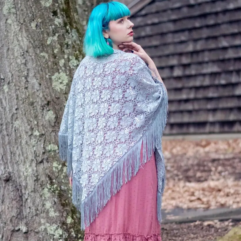 Silver Bridal Lace Shawl cape large Triangle sheer sequin with 6inch fringe goth wrap Witchy Bohemian Boho Halloween - Sisters of the Moon