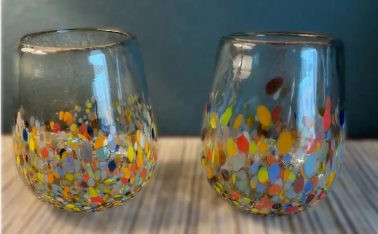 Blown Glass Heavy Stemless Wine Glasses Confetti Design Made In Mexico