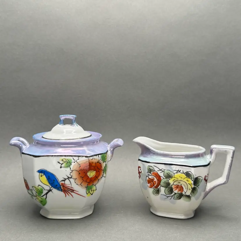 Vintage 1930’s Japanese Periwinkle and Pearl Lusterware Creamer and Covered Sugar Set