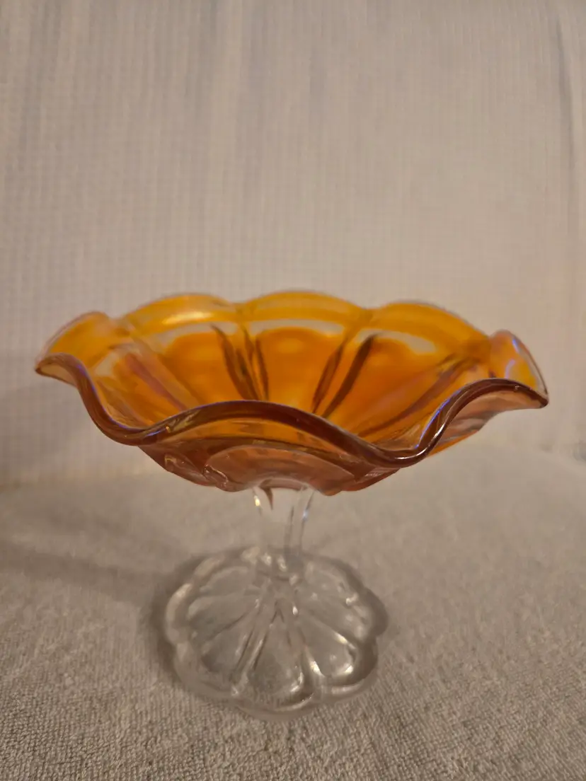 Vintage Marigold Carnival Glass Ruffled Pedestal Candy Dish Or Compote