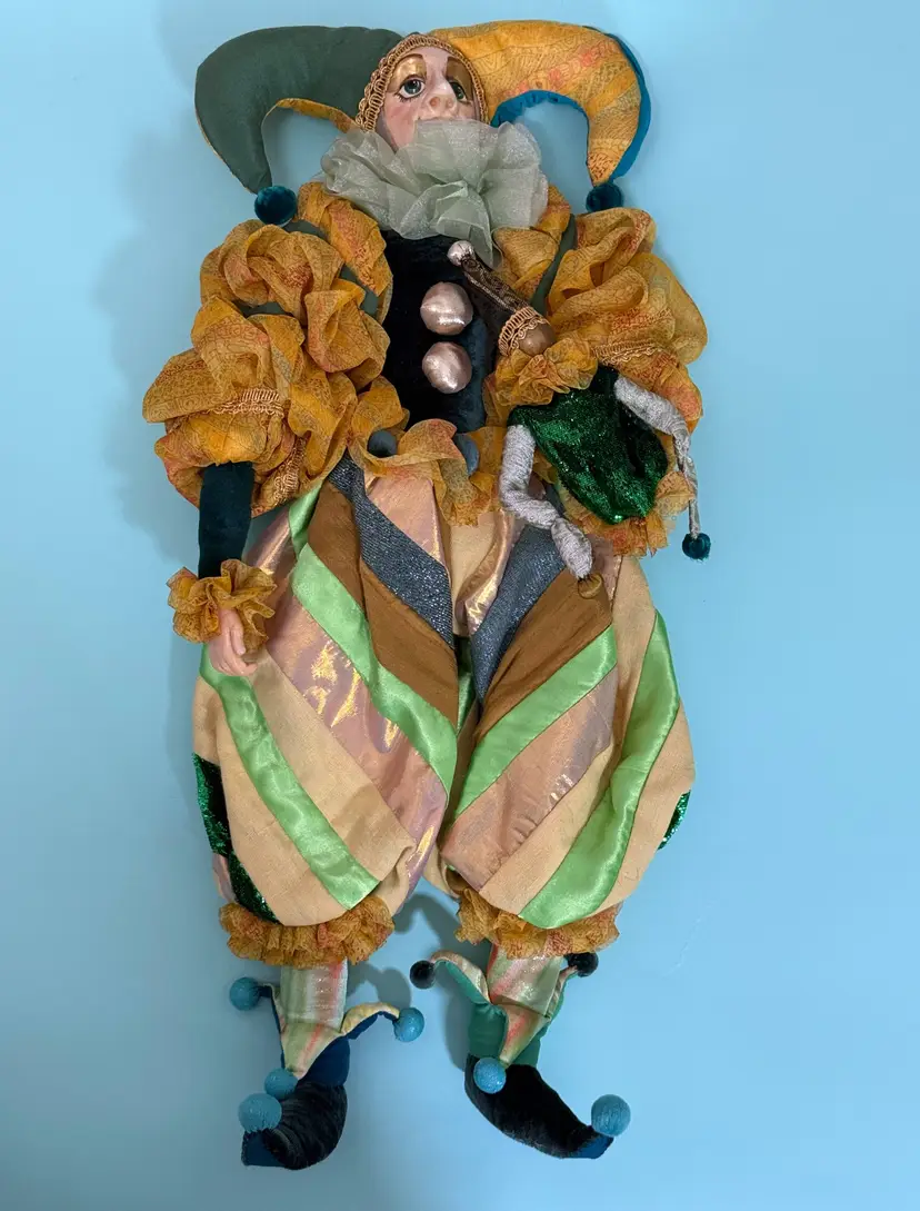 Vintage 22" Handmade Russian Court Jester Harlequin Joker Doll Ornate Fabric