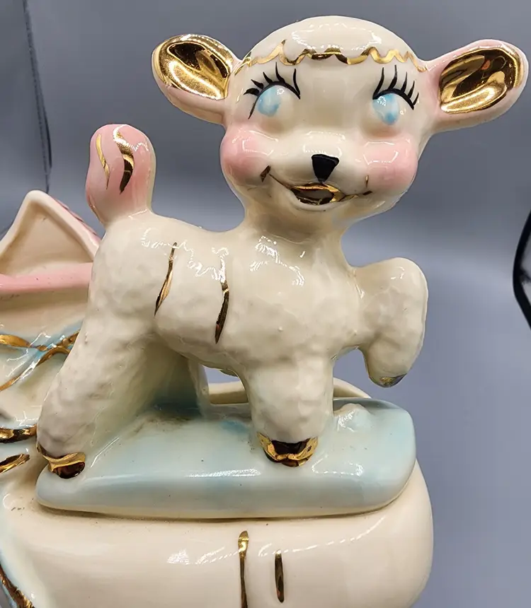 1950s Kitsch Pink & Blue Gold Trim Lamb on Shoe Porcelain Baby's Room Planter RARE