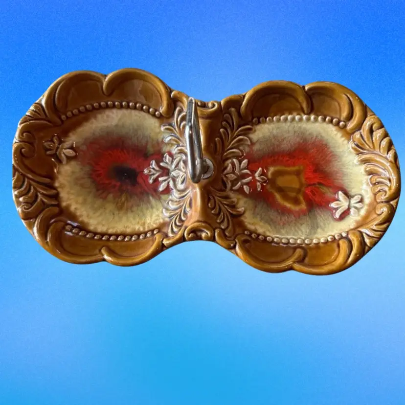 MSM Maurice of California 2 Bowl Serving Dish Orange & Brown Ceramic Boho LN