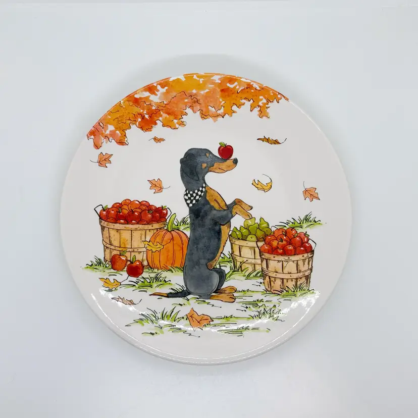 Certified International Sherri Buck Baldwin Salad Plate Fall Orchard Dog Pumpkin Harvest