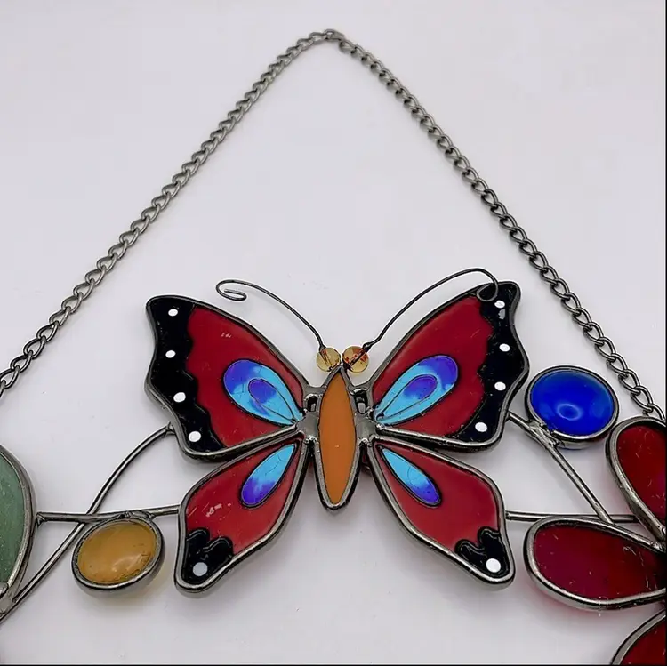 Vintage Stained Glass Hanging Wreath with Butterfly, Flowers, Glass Accents
