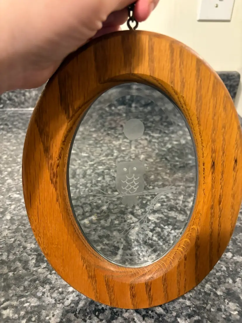 Wooden Framed Owl On Branch Etched Glass With Hang Chain