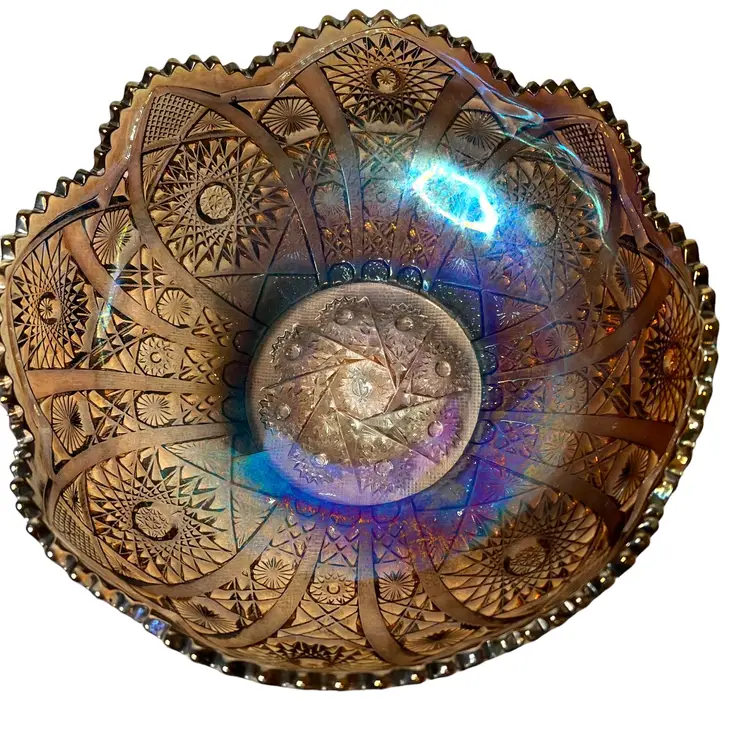 031a. Vintage Imperial Glass Smokey Blue Carnival Diamond Starburst Hobstar Console Bowl