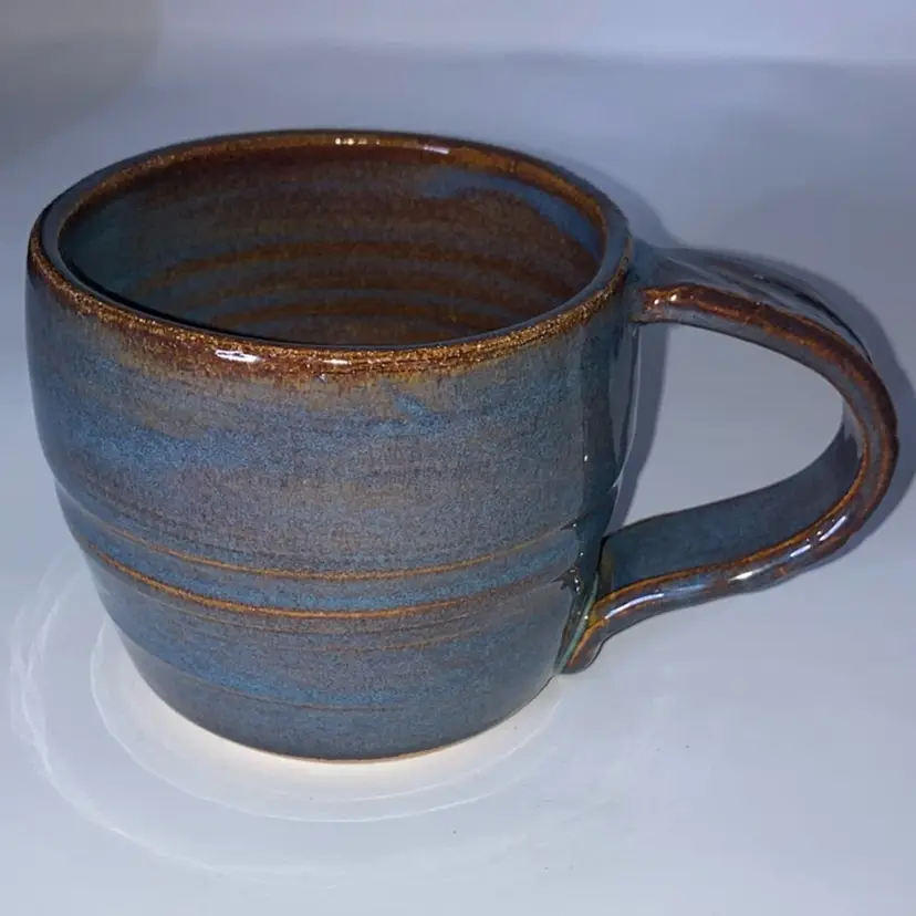 Vintage Hull Pottery Stoneware Mug! Brown And Blue Drip Glaze! 3 1/4” Tall  5” Wide!